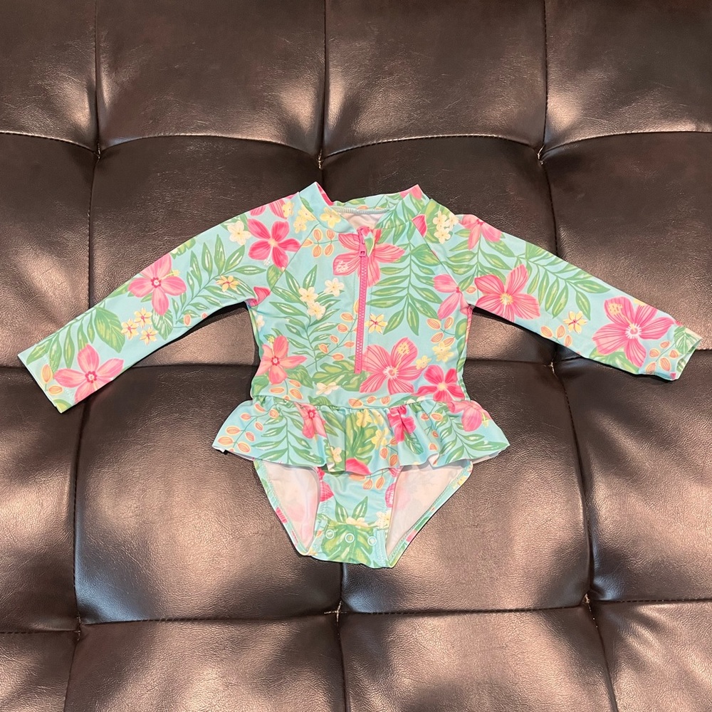 Little Me Baby Girl One Piece Long Sleeve Tropical Patterned Swim‎ Suit Size 12M
